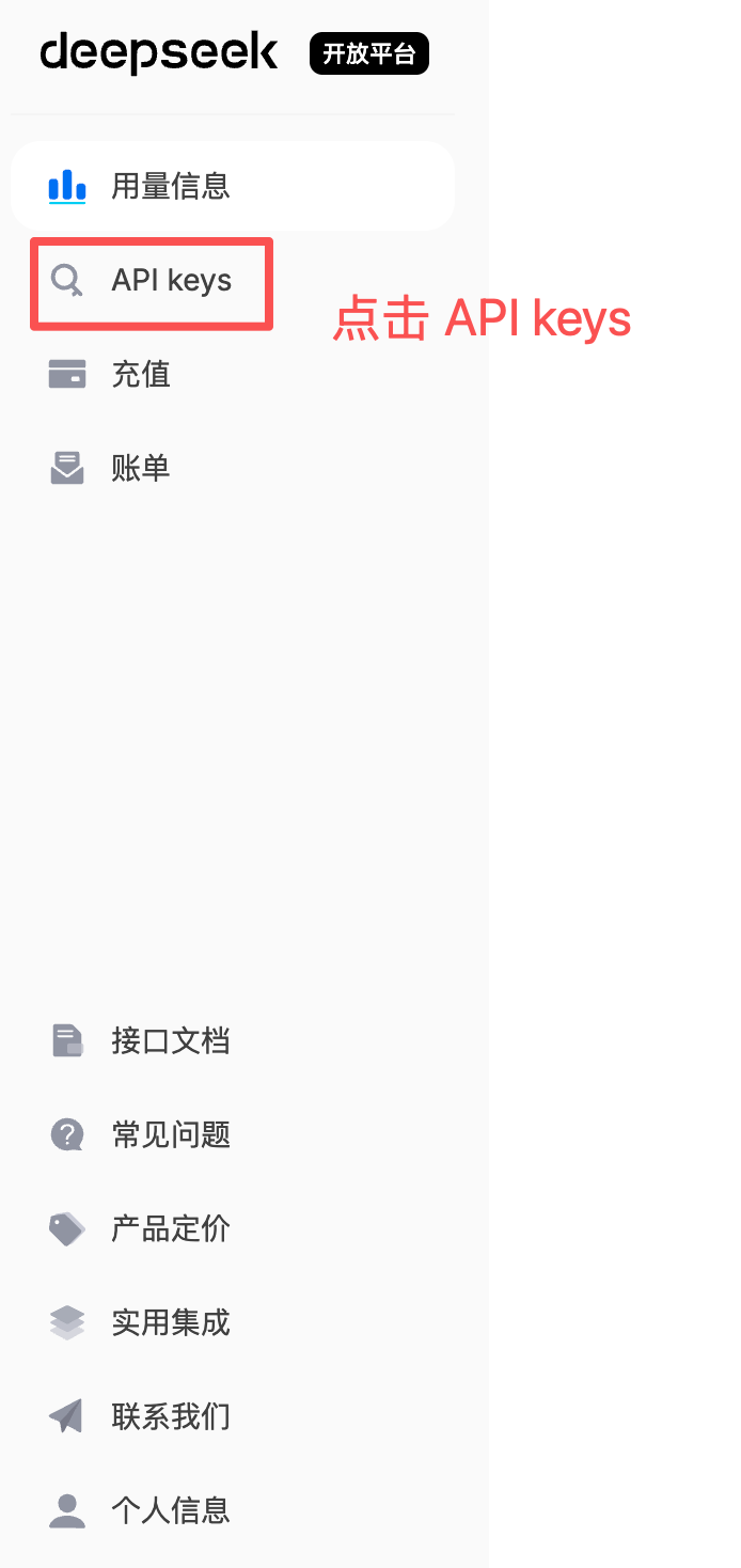 DeepSeek API keys 菜单